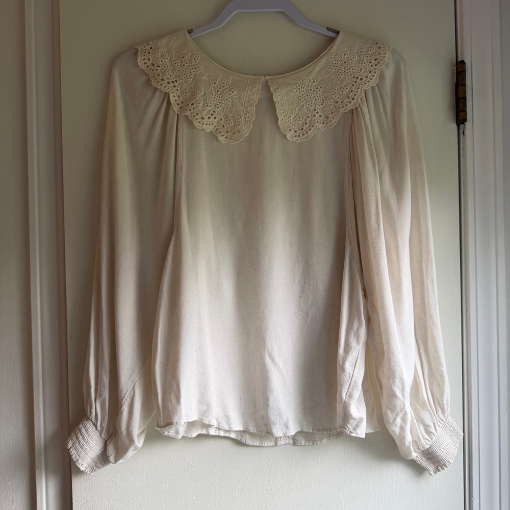 MNG Mango Cream Linen Blouse Eyelet Peter Pan Collar Smocked Cuff Small